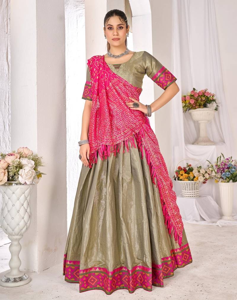 mehendi weaving work silk lehenga set with choli and dupatta