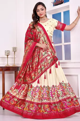 beige patola print dola silk lehenga set with choli and dupatta with tassels