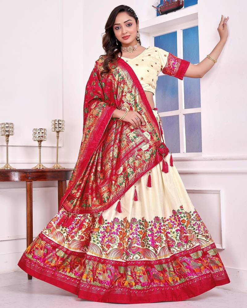 beige patola print dola silk lehenga set with choli and dupatta with tassels