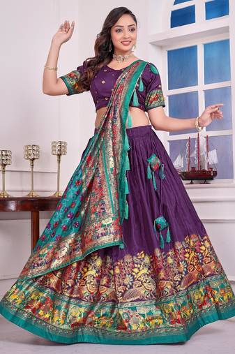 purple patola print dola silk lehenga set with choli and dupatta with tassels