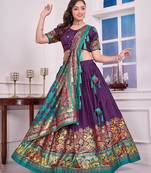 purple patola print dola silk lehenga set with choli and dupatta with tassels