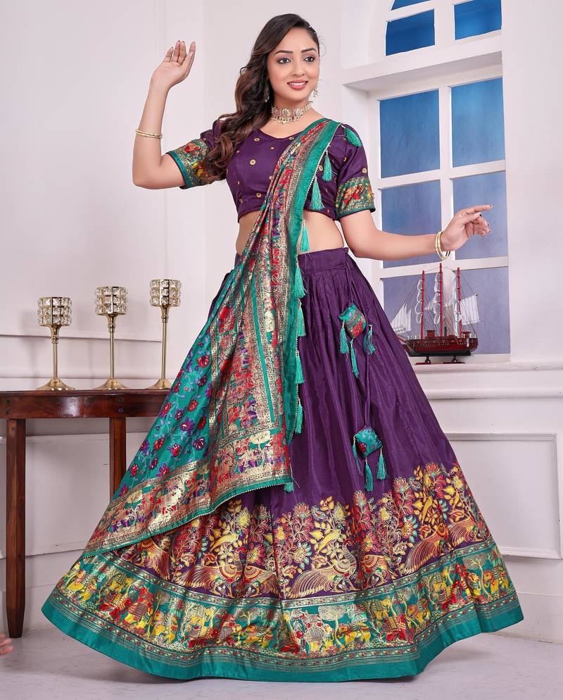 purple patola print dola silk lehenga set with choli and dupatta with tassels