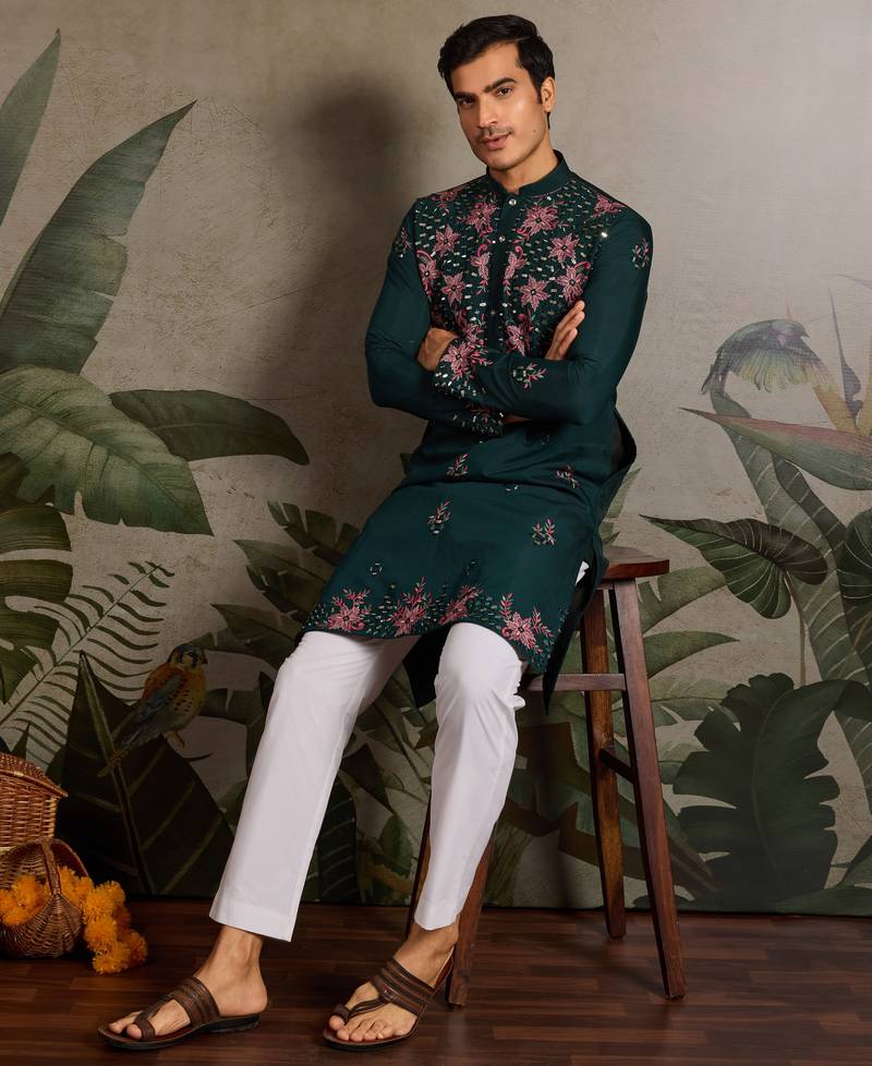 Green viscose silk real mirror with thread & sequins embroidered work wedding festival party wear straight mens kurta