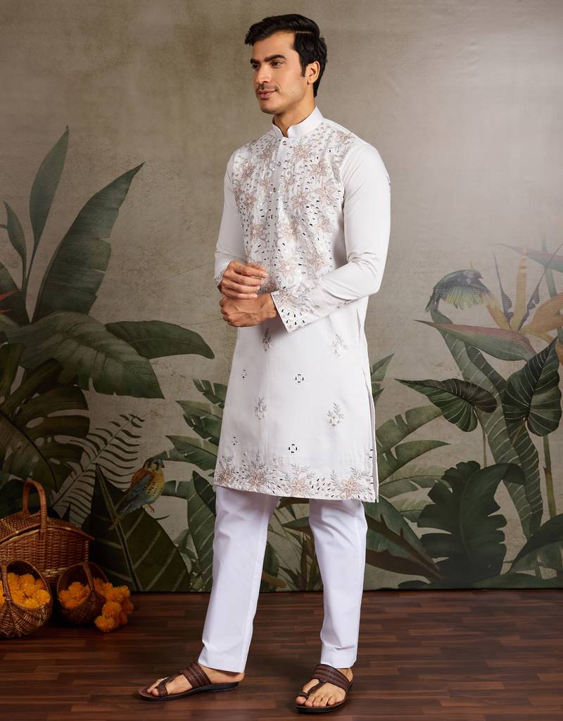 White viscose silk real mirror with thread & sequins embroidered work festival marriage party wear straight mens kurta