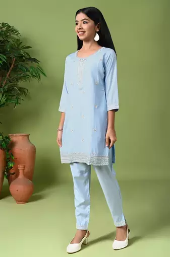 sky blue embroidered kurta pant set with dupatta
