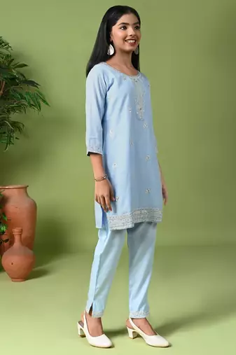 sky blue embroidered kurta pant set with dupatta