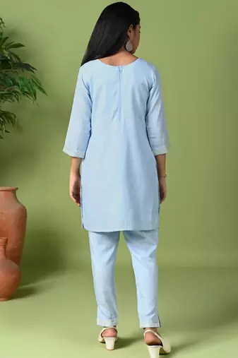 sky blue embroidered kurta pant set with dupatta