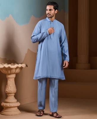 SKY BLUE SILK PREMIUM THREAD & SEQUINS EMBROIDERED WORK WEDDING FESTIVAL PARTY WEAR STRAIGHT KURTA WITH JACKE AND PANT 7