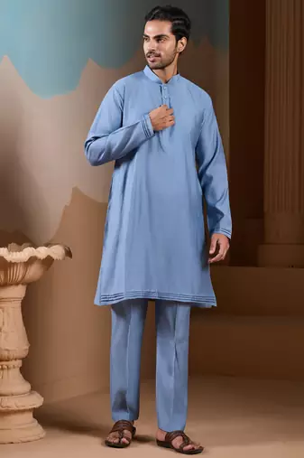 SKY BLUE SILK PREMIUM THREAD & SEQUINS EMBROIDERED WORK WEDDING FESTIVAL PARTY WEAR STRAIGHT KURTA WITH JACKE AND PANT