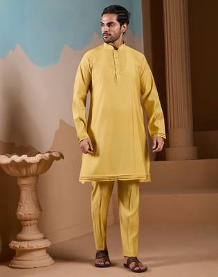 YELLOW SILK PREMIUM THREAD & SEQUINS EMBROIDERED WORK WEDDING FESTIVAL PARTY WEAR STRAIGHT KURTA WITH JACKE AND PANT 7