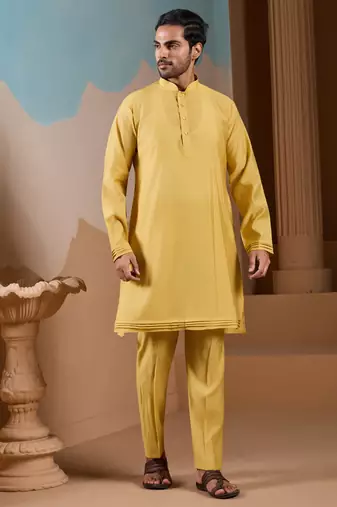 YELLOW SILK PREMIUM THREAD & SEQUINS EMBROIDERED WORK WEDDING FESTIVAL PARTY WEAR STRAIGHT KURTA WITH JACKE AND PANT
