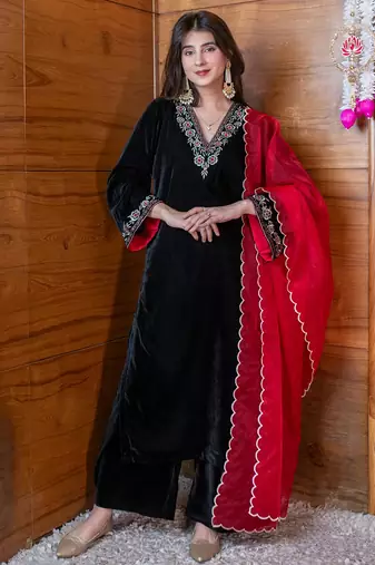 Black velvet heavy thread embroidery work kurta pant set