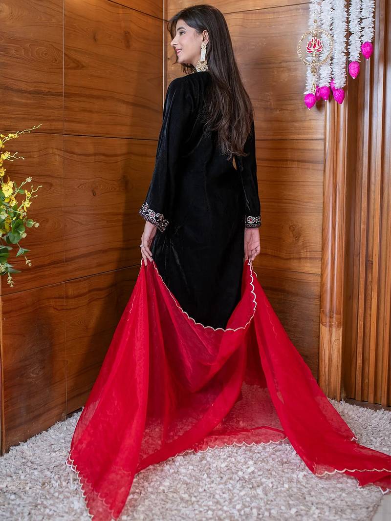 Black velvet heavy thread embroidery work kurta pant set
