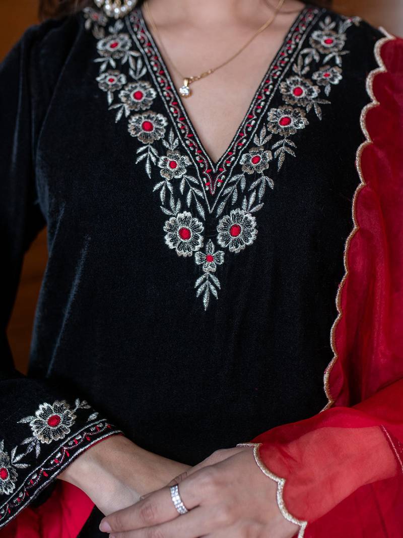 Black velvet heavy thread embroidery work kurta pant set