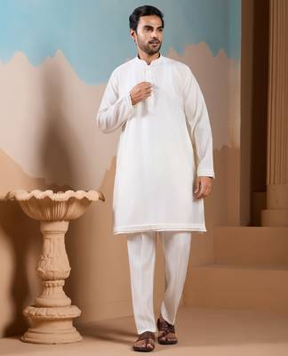 WHITE SILK PREMIUM THREAD & SEQUINS EMBROIDERED WORK WEDDING FESTIVAL PARTY WEAR STRAIGHT KURTA WITH JACKE AND PANT 7