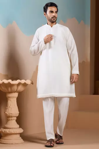 WHITE SILK PREMIUM THREAD & SEQUINS EMBROIDERED WORK WEDDING FESTIVAL PARTY WEAR STRAIGHT KURTA WITH JACKE AND PANT