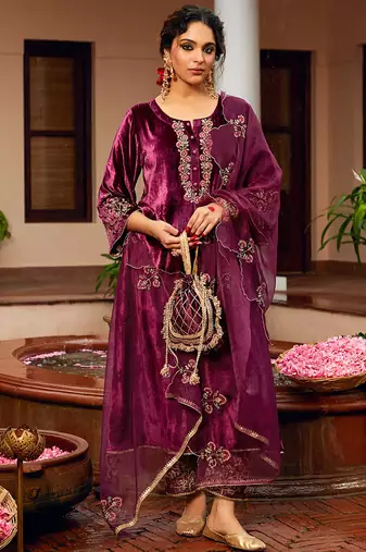 Wine velvet heavy thread embroidery work kurta pant set
