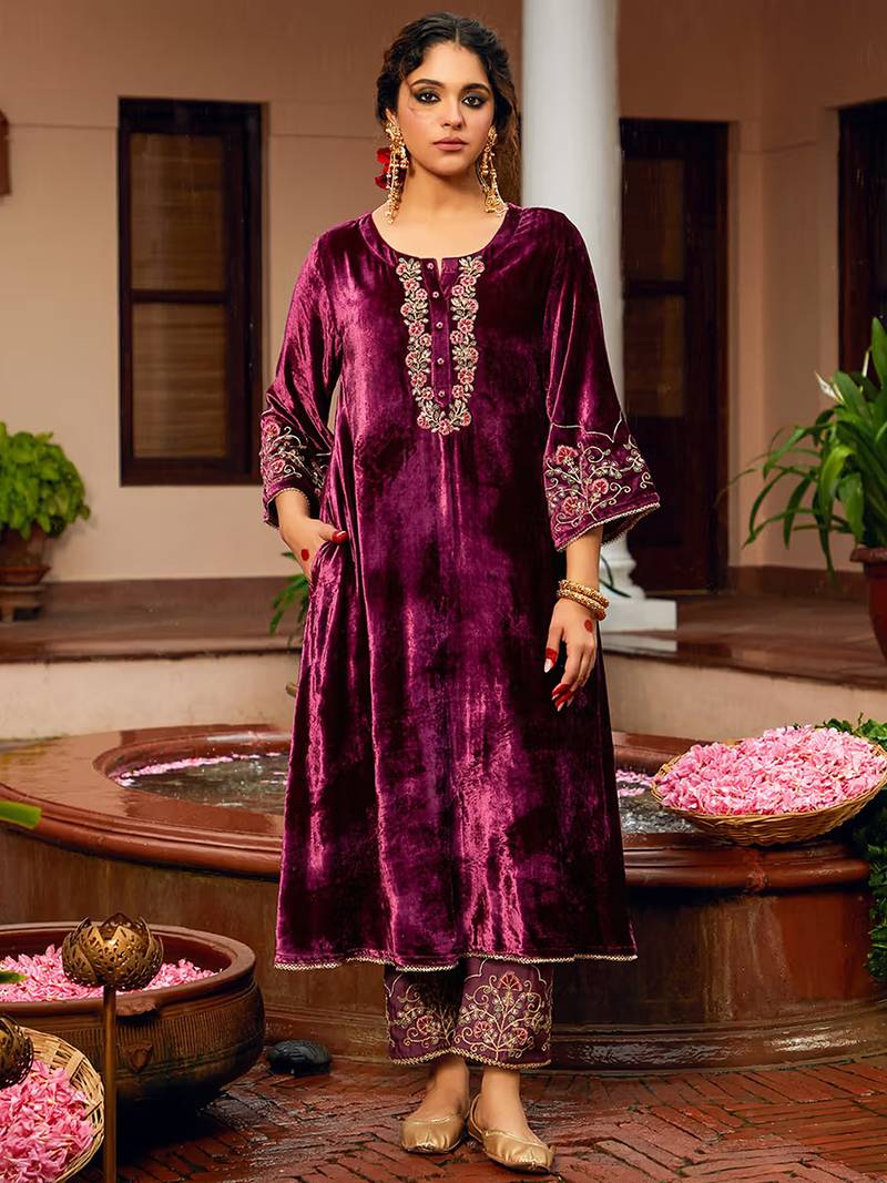 Wine velvet heavy thread embroidery work kurta pant set