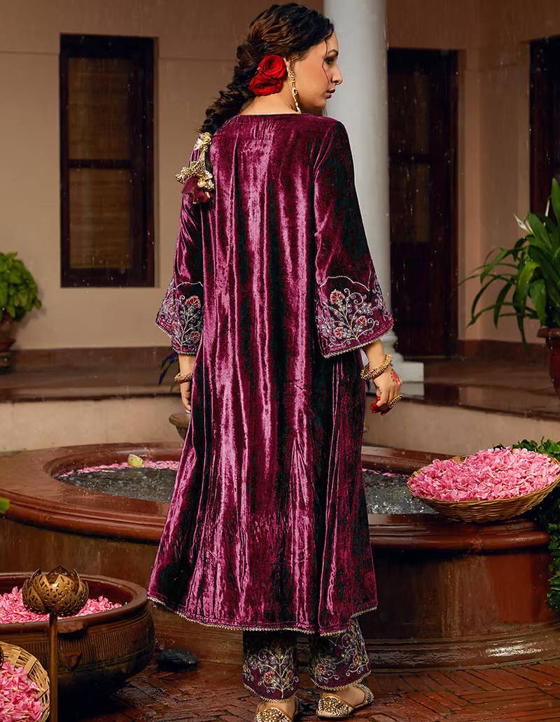Wine velvet heavy thread embroidery work kurta pant set