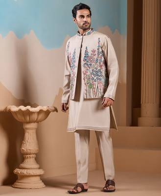 BEIGE SILK PREMIUM THREAD & SEQUINS EMBROIDERED WORK WEDDING FESTIVAL PARTY WEAR STRAIGHT KURTA WITH JACKE AND PANT 7