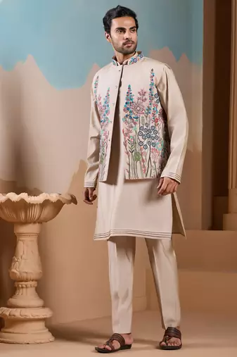 BEIGE SILK PREMIUM THREAD & SEQUINS EMBROIDERED WORK WEDDING FESTIVAL PARTY WEAR STRAIGHT KURTA WITH JACKE AND PANT