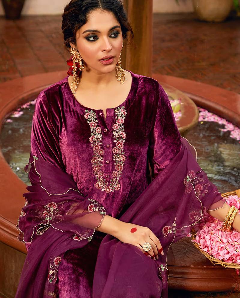 Wine velvet heavy thread embroidery work kurta pant set