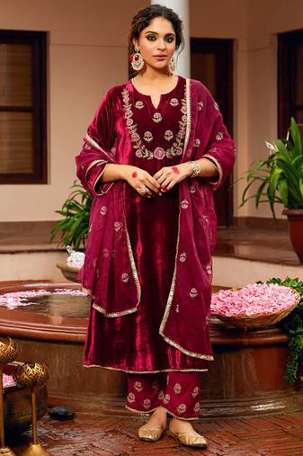 Maroon velvet heavy thread embroidery work kurta pant set