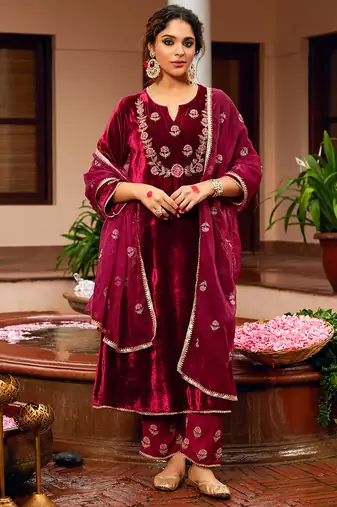 Maroon velvet heavy thread embroidery work kurta pant set
