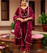 Maroon velvet heavy thread embroidery work kurta pant set