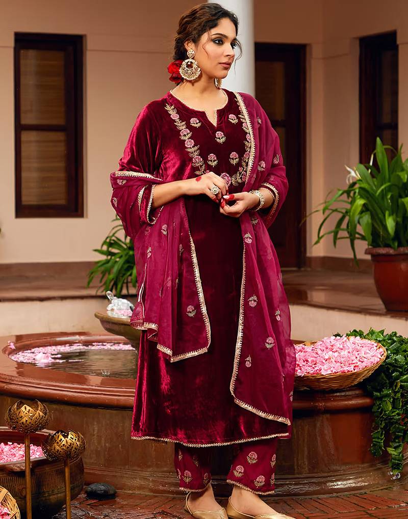 Maroon velvet heavy thread embroidery work kurta pant set