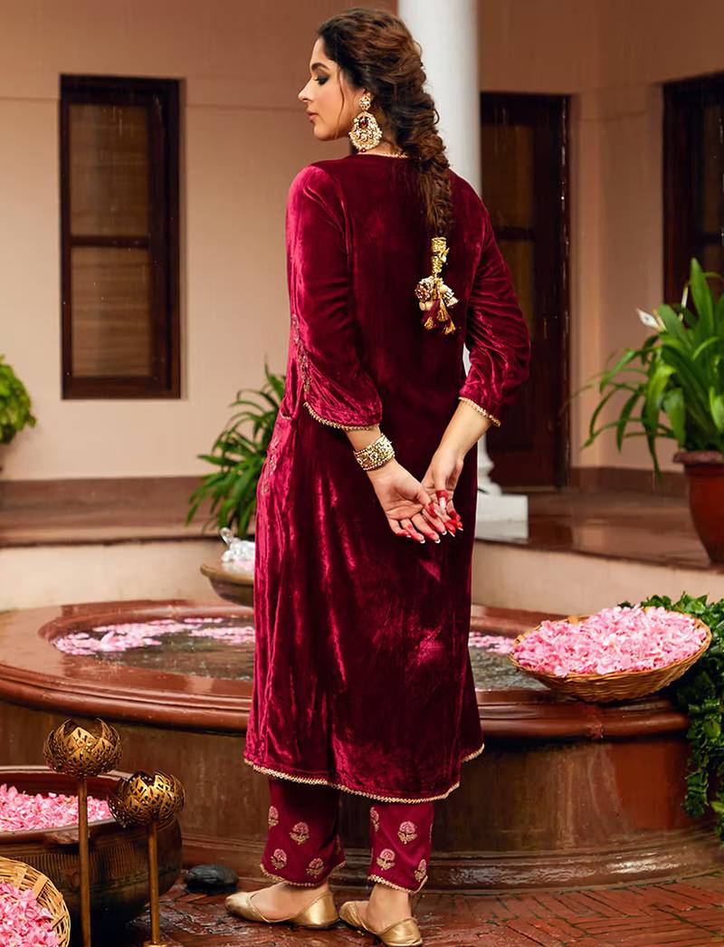 Maroon velvet heavy thread embroidery work kurta pant set