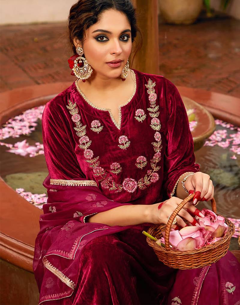 Maroon velvet heavy thread embroidery work kurta pant set