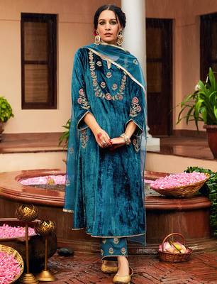Blue velvet heavy thread embroidery work kurta pant set 1