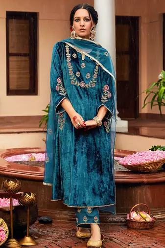 Blue velvet heavy thread embroidery work kurta pant set