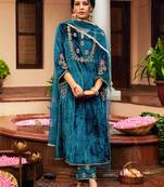 Blue velvet heavy thread embroidery work kurta pant set