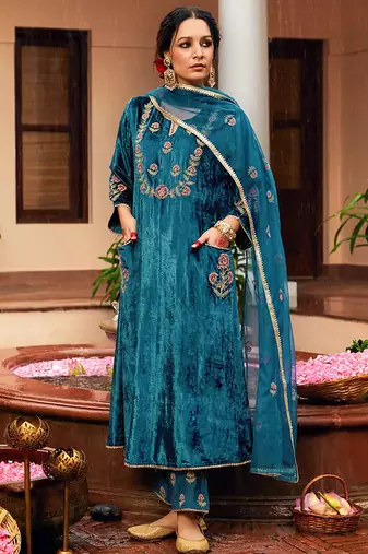 Blue velvet heavy thread embroidery work kurta pant set