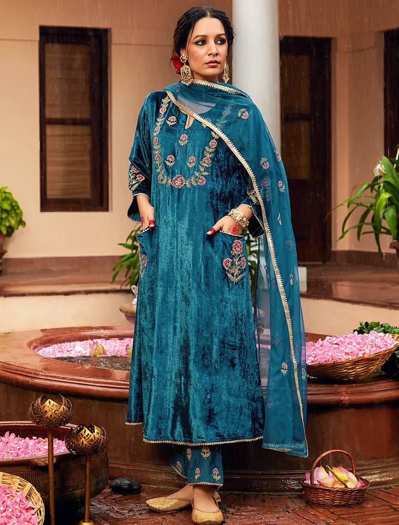 Blue velvet heavy thread embroidery work kurta pant set