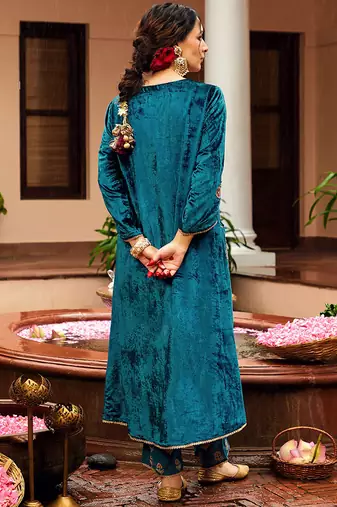 Blue velvet heavy thread embroidery work kurta pant set