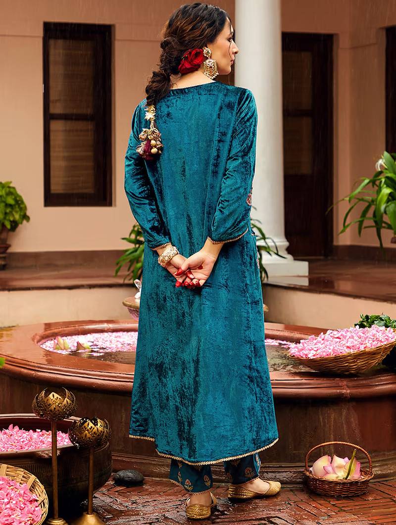 Blue velvet heavy thread embroidery work kurta pant set