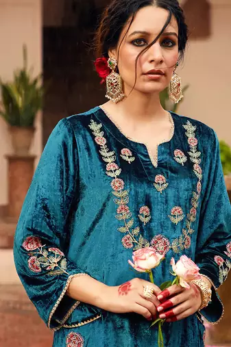 Blue velvet heavy thread embroidery work kurta pant set