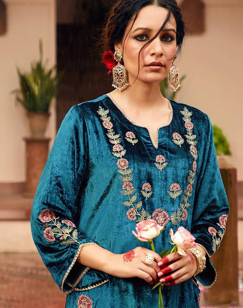 Blue velvet heavy thread embroidery work kurta pant set