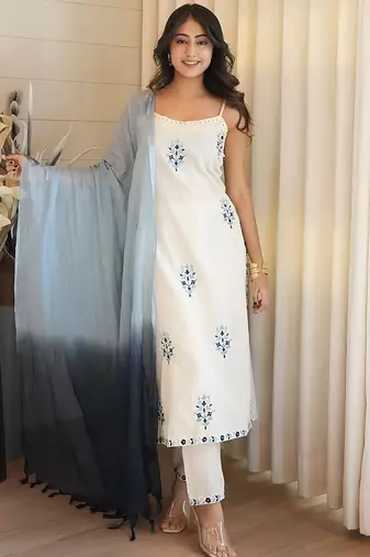 Off white cotton flex heavy thread embroidery work kurta pant set