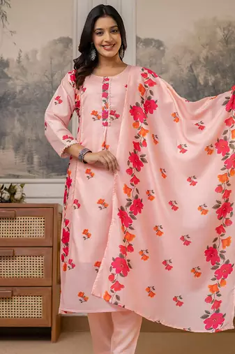 Peach cotton printed kurta pant set