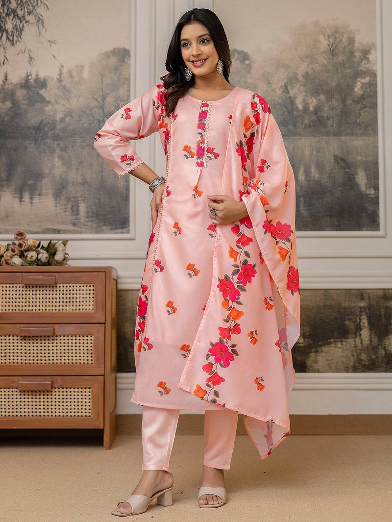 Peach cotton printed kurta pant set