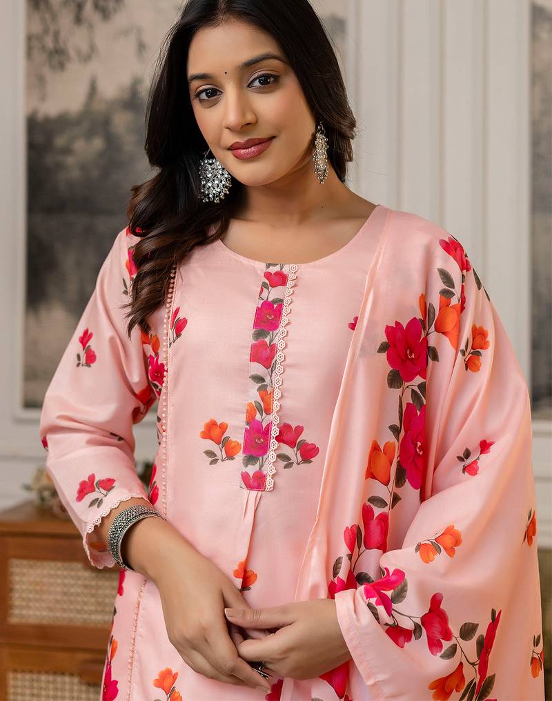 Peach cotton printed kurta pant set