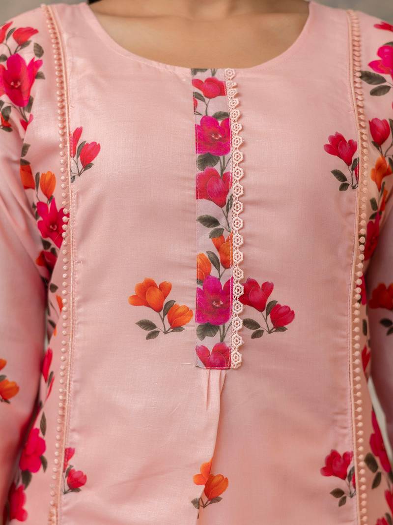 Peach cotton printed kurta pant set