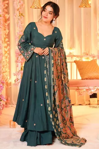 Teal green chanderi heavy thread embroidery work with printed dupatta kurta sharara set