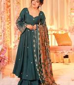 Teal green chanderi heavy thread embroidery work with printed dupatta kurta sharara set