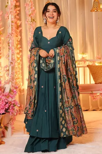 Teal green chanderi heavy thread embroidery work with printed dupatta kurta sharara set