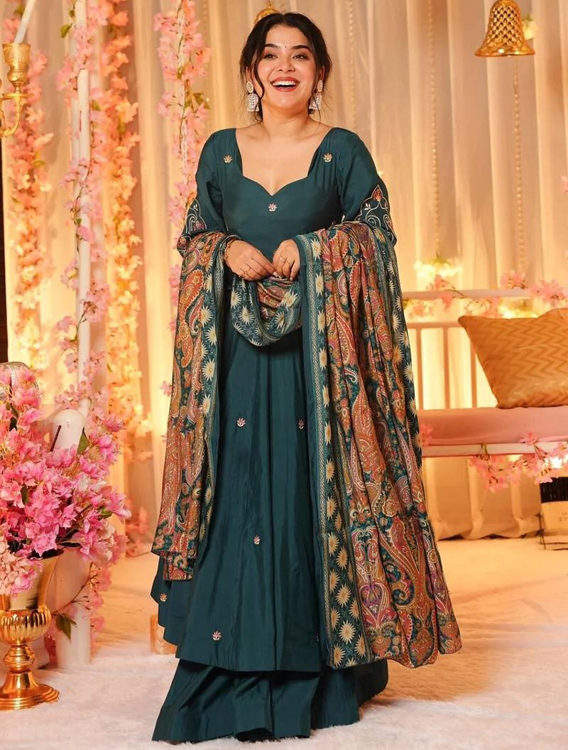 Teal green chanderi heavy thread embroidery work with printed dupatta kurta sharara set